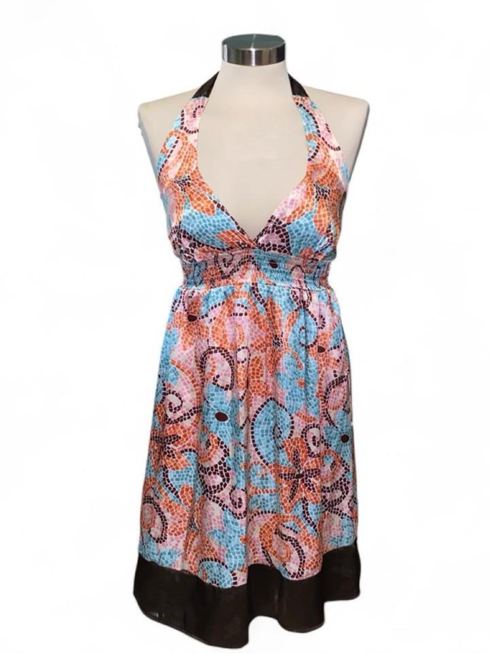 Eyeshadow Halter Floral Midi-dress With Brown Trim
